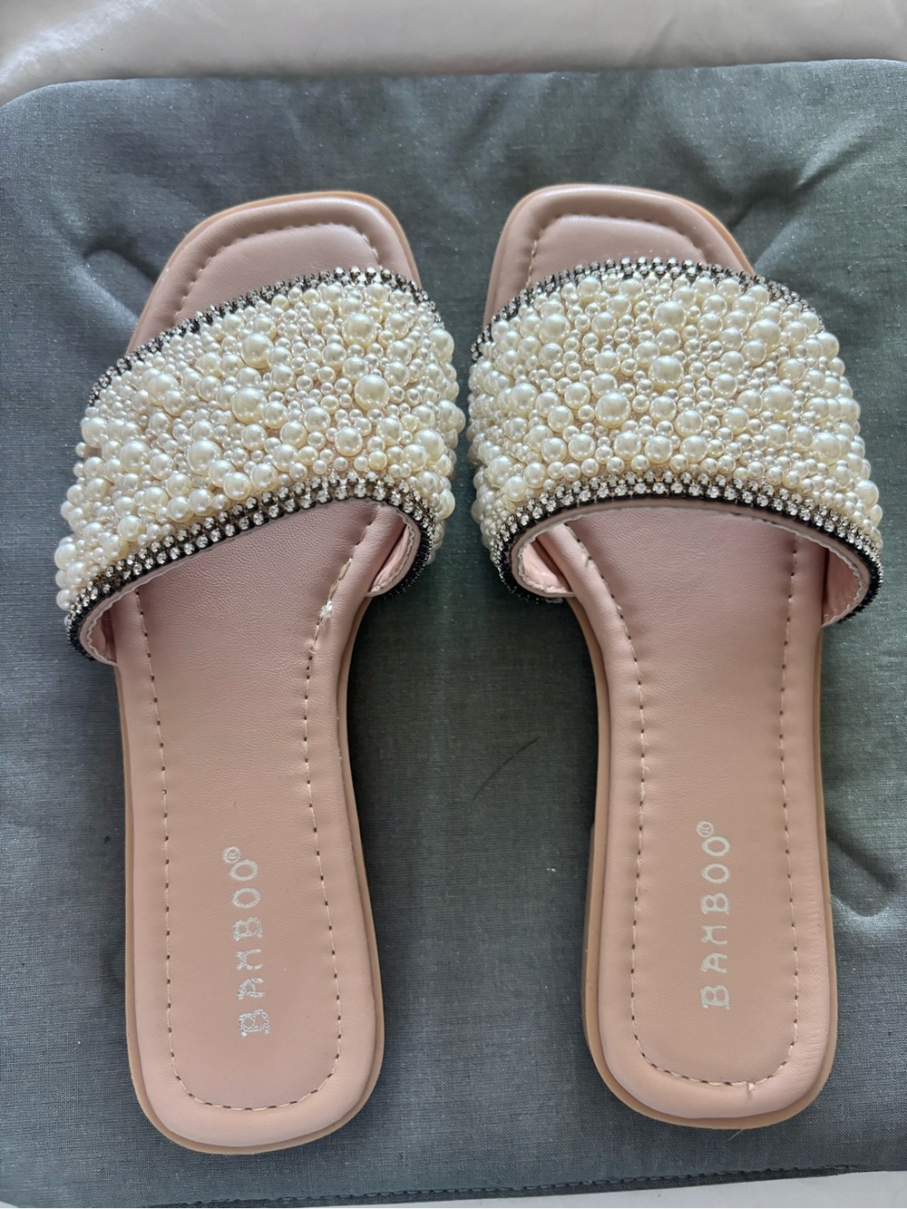 BAMBOO Pink Pearl-Embellished Slide Sandals